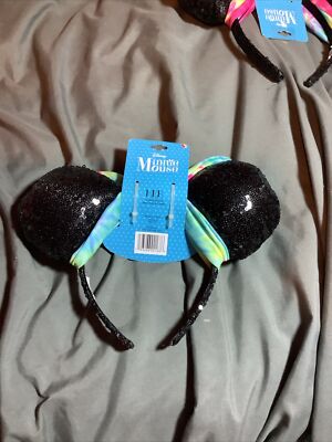 Minnie mouse sequin ears headband with a tie-dyed bow . New Disney Minnie Mouse Black Sequin Ears Headband Tie Dye Bow  main image 4