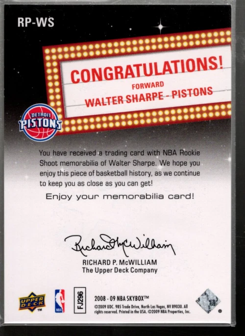 B3692- 2008-09 SkyBox Rookie Prevue Retail #RPWS Walter Sharpe Jersey - NM-MT - Image 2 of 2