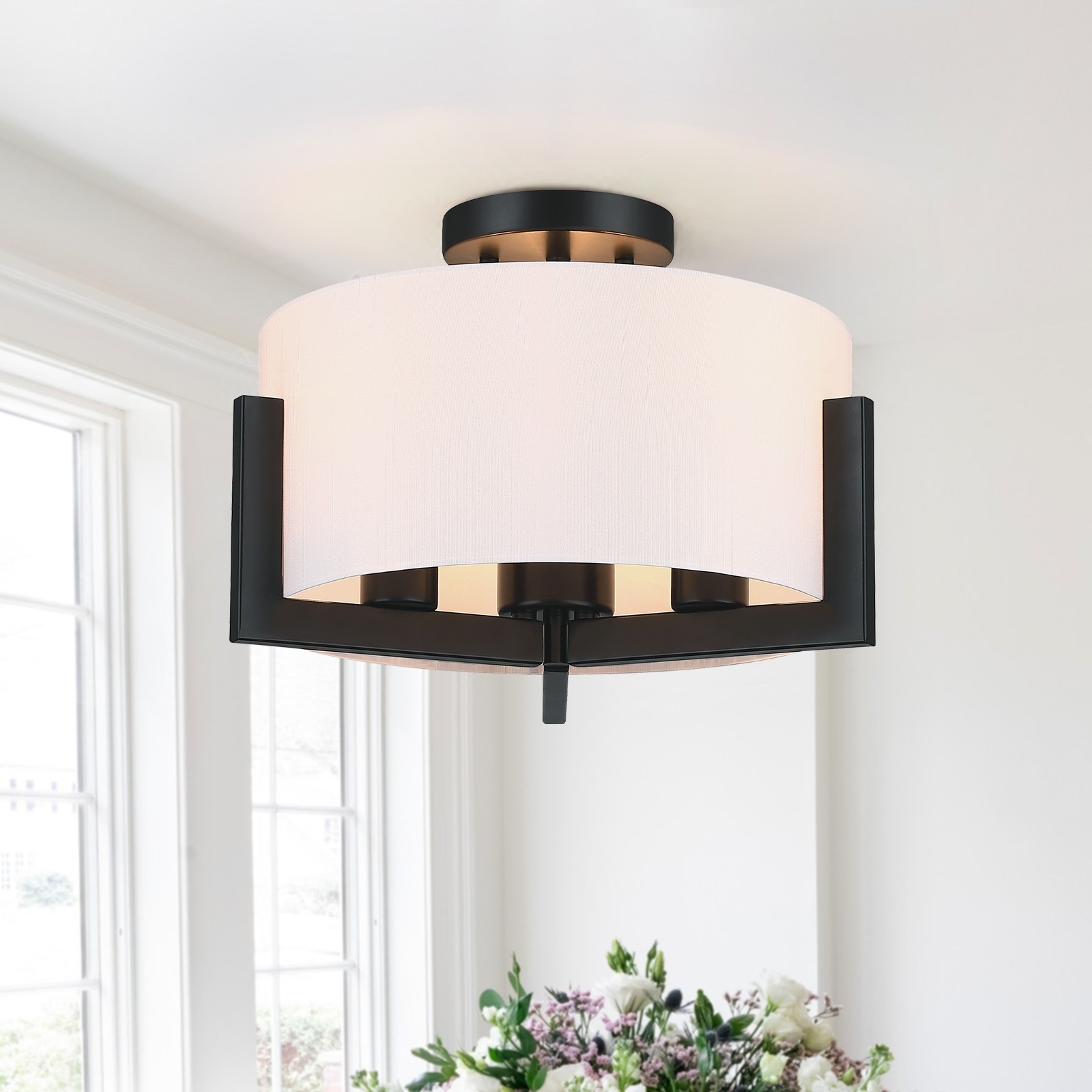 14-Inch Matte Black Semi-Flush Mount Ceiling Light with 3 Lights
