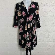 Laura Ashley Womens Robe XL Black Pink Floral Roses 1/2 Sleeve Short Tie Close
