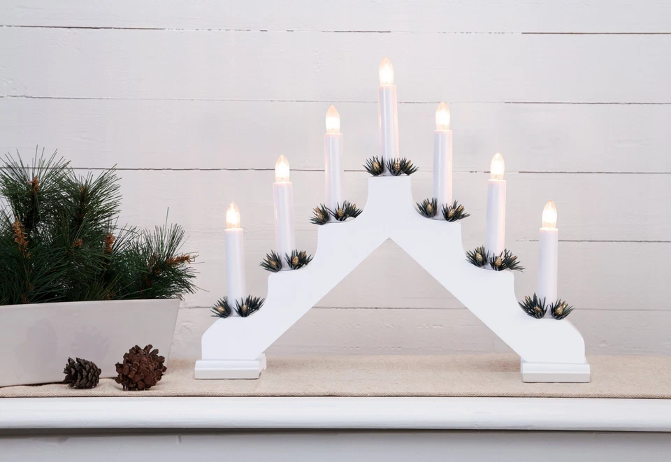 Lichterbogen Weihnachten mit 7 Glühbirnen Fenster Schwibbogen aus Holz in weiß - Bild 3 von 4