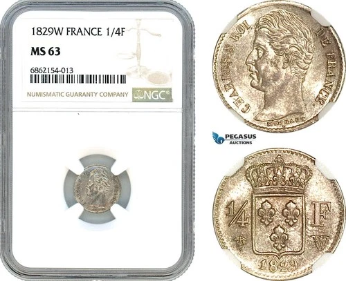 AI858, France, Charles X, 1/4 Franc 1829 W, Lille Mint, Silver, NGC MS63