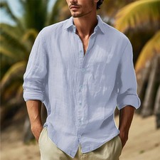 Men's Linen Button Down Shirts - Casual Long Sleeve Summer Beach Wear