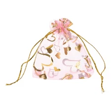 100 Pcs Organza Bag 5"x7" Sheer Heart Mesh Bags Drawstring Pink-Gold