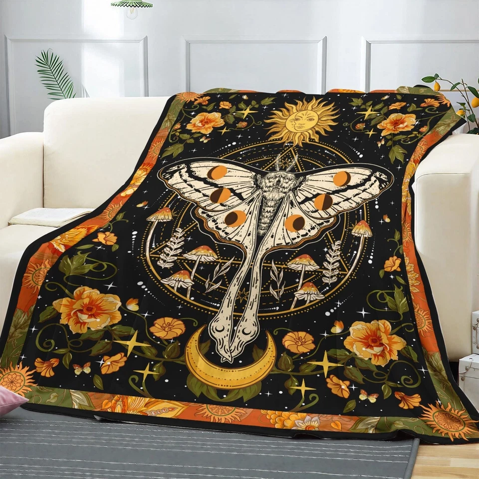 Orange Moth Throw Blanket, Retro Boho Flower Butterfly Sun Moon Star Aestheti... - Image 3 of 4