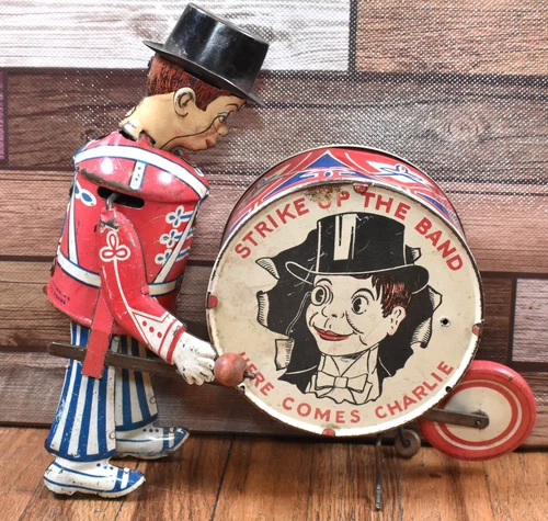 Vintage 1930s Marx Charlie McCarthy Strike Up the Band Tin Litho Windup Toy Drum