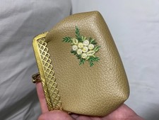 Vintage Beige Kiss Lock Coin Purse Embroidered Floral Vinyl Change Pouch Gold To