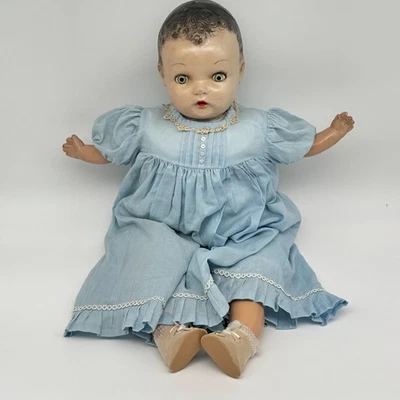 Vintage 1930s 1940s Composition Baby Doll Molded Hair Blue Dress Tin Eyes 24" - Image 1 of 4