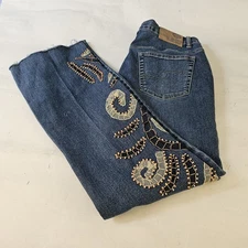 Crest Jeans Womens 9/10 Beaded Embroidered Denim Blue Jeans Low Rise Raw Hem