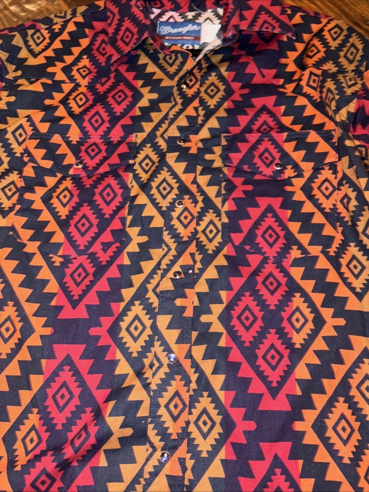 Camisa De Colección Años 90 Wrangler Azteca Occidental Audaz Vibrante Rayas Multicolor Para Hombres L Foto 3 de 4