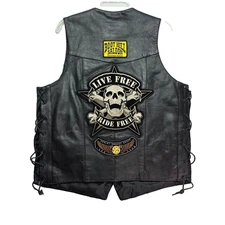 Open Road Leather Biker Vest Black Ride Free Skull Embroidery Lace-Side - Medium