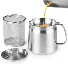 68oz/2L 304 Stainless Steel Oil Container, Cooking Oil Filter Pot with Strainer
