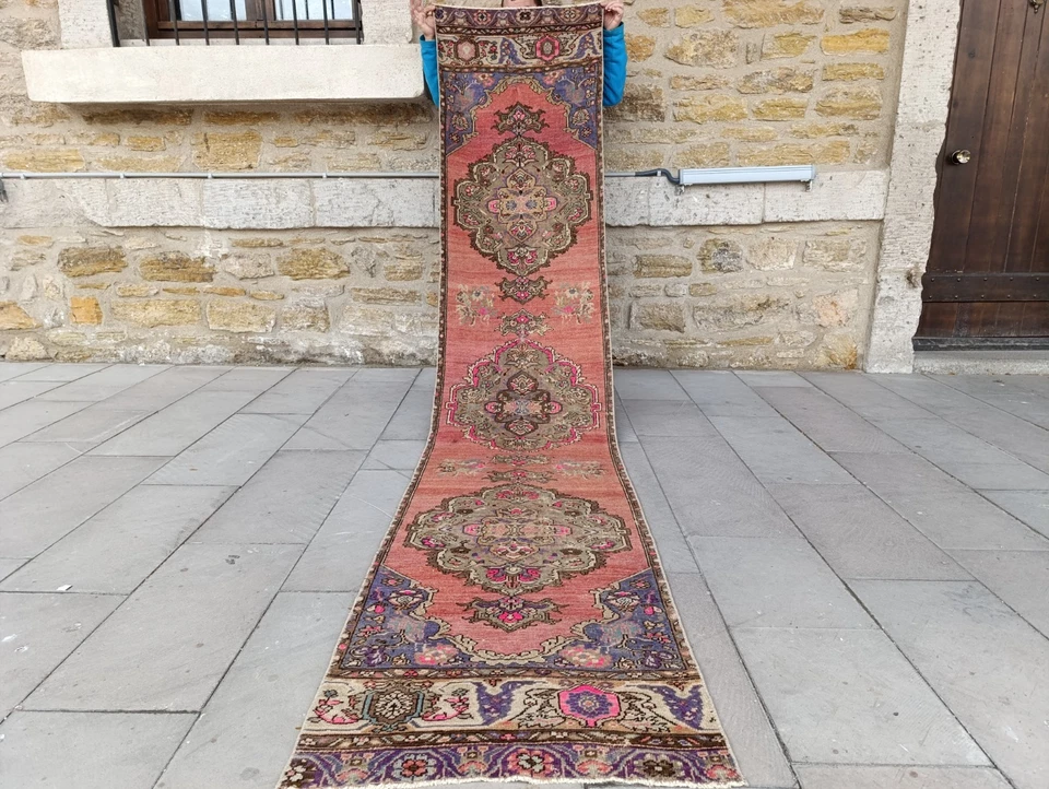 Pink Turkish Oushak Rug: Vintage Wool Hallway Runner (2.2x10.8 ft) - Image 2 of 4