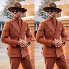 Orange Men Suits Pinstriped Peak Lapel Fashion Party Prom Wedding Men Tuxedos
