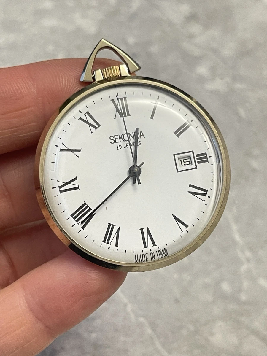 Reloj Bolsillo Mecánico Sekonda 19 Joyas Esfera Romana Blanca Fecha Colgante URSS 218