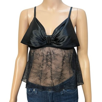 Adore Me Idrina Bow Babydoll Camisole Tank Top Small Black Satin Lace Semi Sheer