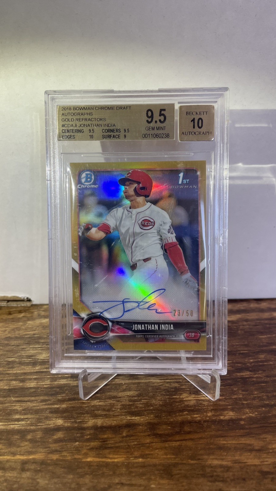 2018 Bowman Chrome Draft Jonathan India Gold Refractor Auto /50 BGS 9.5 Royals