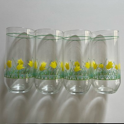 4 Vintage Clear Glasses Yellow Tulip Design Green Stripe Tiny Blue Flowers 10oz