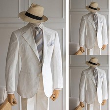 Linen Men's Suits White Business Tuxedos 2Pcs Summer Wedding Groom Blazer Jacket