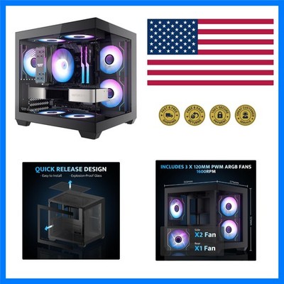 ITX PC Case, Pre-Install 3 PWM ARGB Fans Computer Case, Full View Dual Temper...