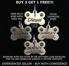 Custom Engraved STAINLESS STEEL BONE Pet Tag PAW PRINT Dog Cat ID IDENTIFICATION