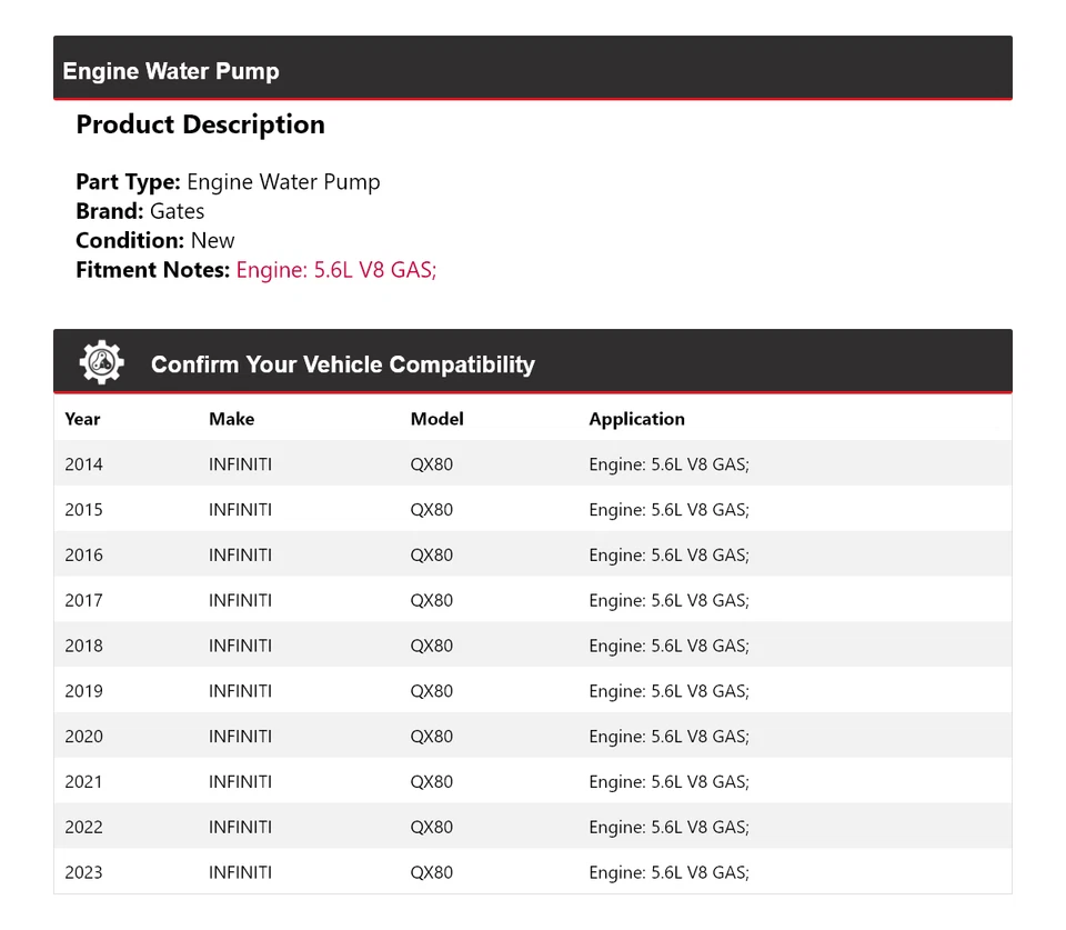 Puertas de bomba de agua motor V8 5,6 L Infiniti QX80 2014-2023 2015 2016 2017 Foto 2 de 4