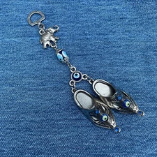 Key Chain Silver Tone With Arabic Slippers, Elephant & Beads 6.5” Stamped AK