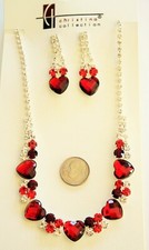 Crystal  Multi Reds Rhinestone Heart Necklace and Earring Set Prom Valentine