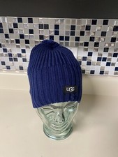 Ugg Yarn Pompom Cardi Mix Stitch Knit Beanie Hat Blue New NWT