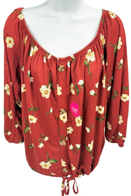 Junior Plus 2X Justify Shirt Boho Peasant Top Blouse Floral Rust Orange
