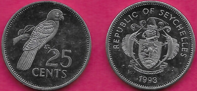 SEYCHELLES 25 CENTS 1993-PM UNC BLACK PARROT AND VALUE,NATIONAL ARMS,Obverse,Nat