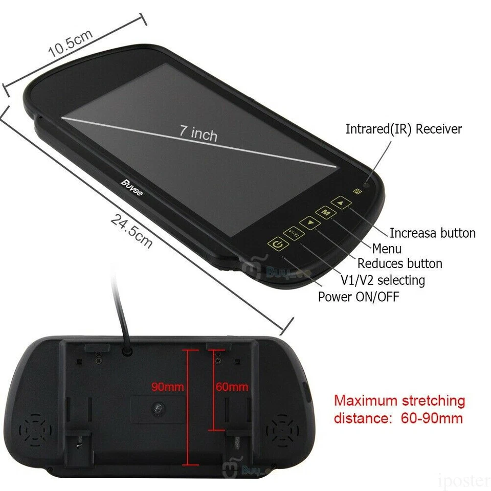 7" Car TFT LCD Mirror Monitor for Reverse Car Rear View Backup Camera Parking - Image 3 of 4