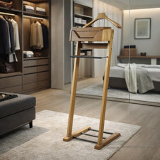 Wooden Valet Stand w/ Tray Hanger Pants Rack Shoe Rack Clothes Organizer