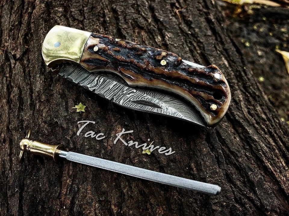 Дамасская сталь рога ручки складной нож - Изображение 4 из 4