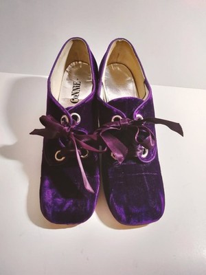 VTG Connie Mod Purple Velvet Lace Up Bow Pump Block Square Toe Women's Size ?
