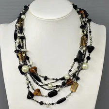 Lia Sophia Necklace Brown Glass Beads Layered Black Chain Collar Multi Strand 21