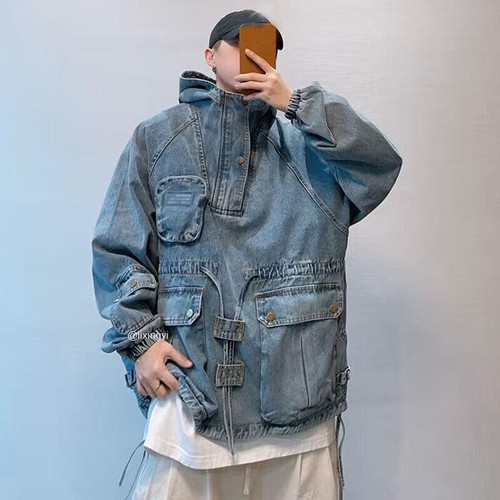 Klassische Denim Kapuzenmäntel für Herren Oberteil Taschen Arbeit Hoodie Jacken Vintage Oberbekleidung - Bild 1 von 11