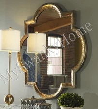 Designer 40" HAMMERED GOLD QUATREFOIL Wall Mirror Metal Square Vanity Horchow