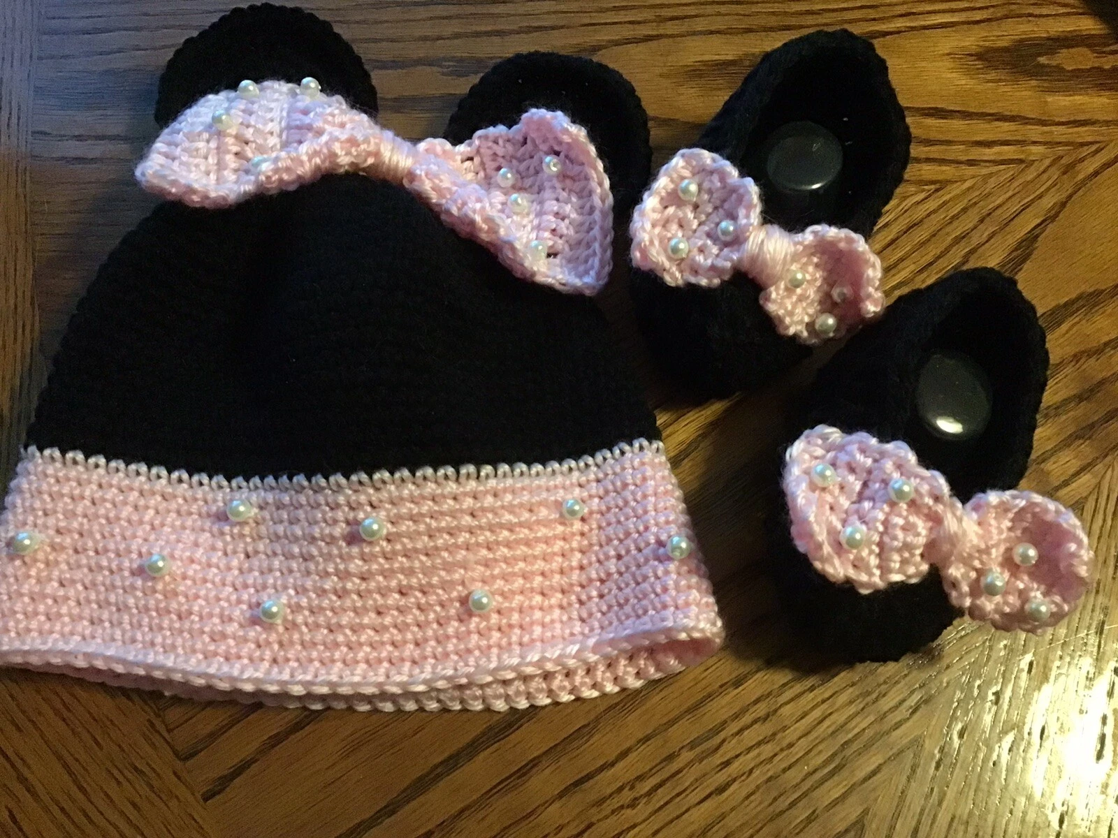 Mickey Mouse Hand Crochet Baby Hat & Booties/ Slippers , Sizes 6-12 months