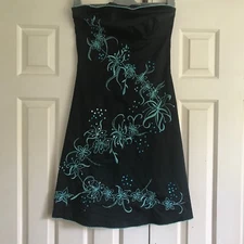 Jane Norman Black Strapless Dress Size 10 UK Green Embroidered Cocktail Prom