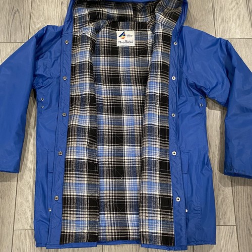 Vintage Misty Harbor Hooded PVC Rain Coat Size M Snap Button Blue Plaid Jacket - Picture 5 of 14