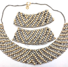 Set Vintage Faux Pearl Rhinestone Collar  Matching Cuffs - Embroidered Cream