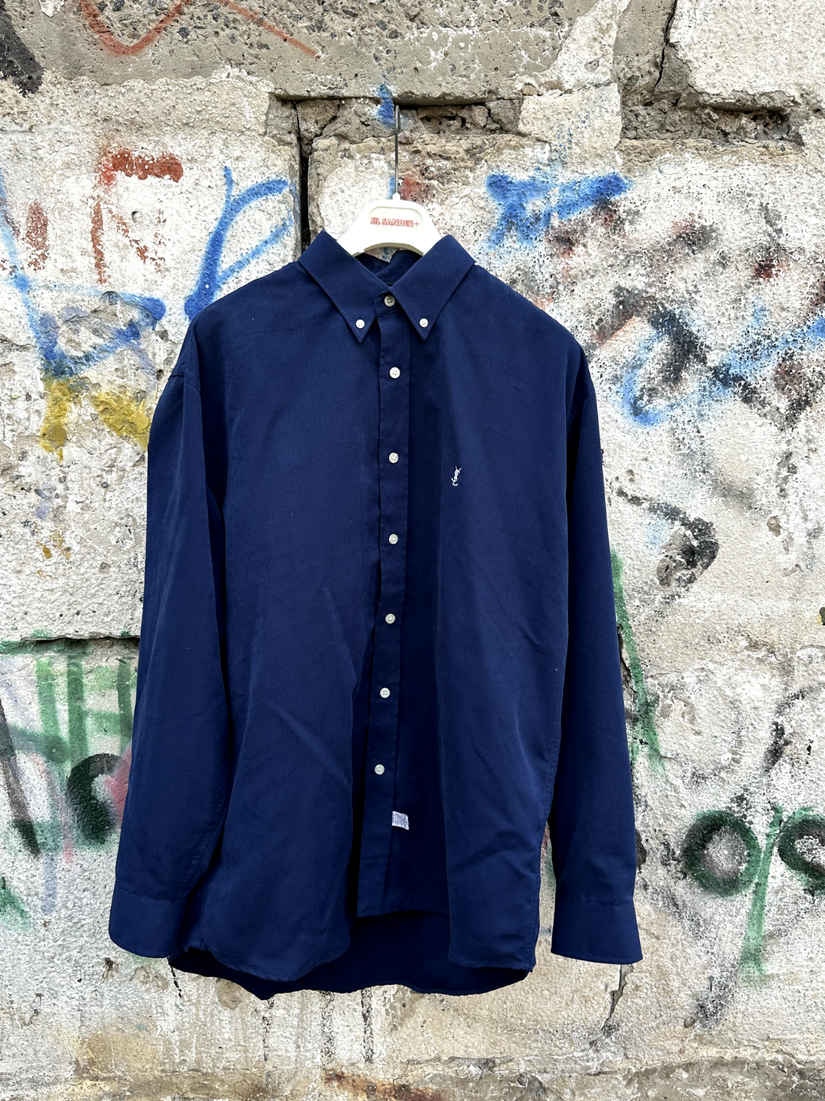 SAINT LAURENT Rara camicia densa Yves Saint Lauren Paris uomo con bottoni blu taglia large anni 80 90