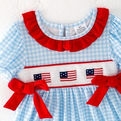 NEW 4th of July Smcoked Embroidered Flag Girls Boutique Blue Gingham Dress - Picture 3 of 11
