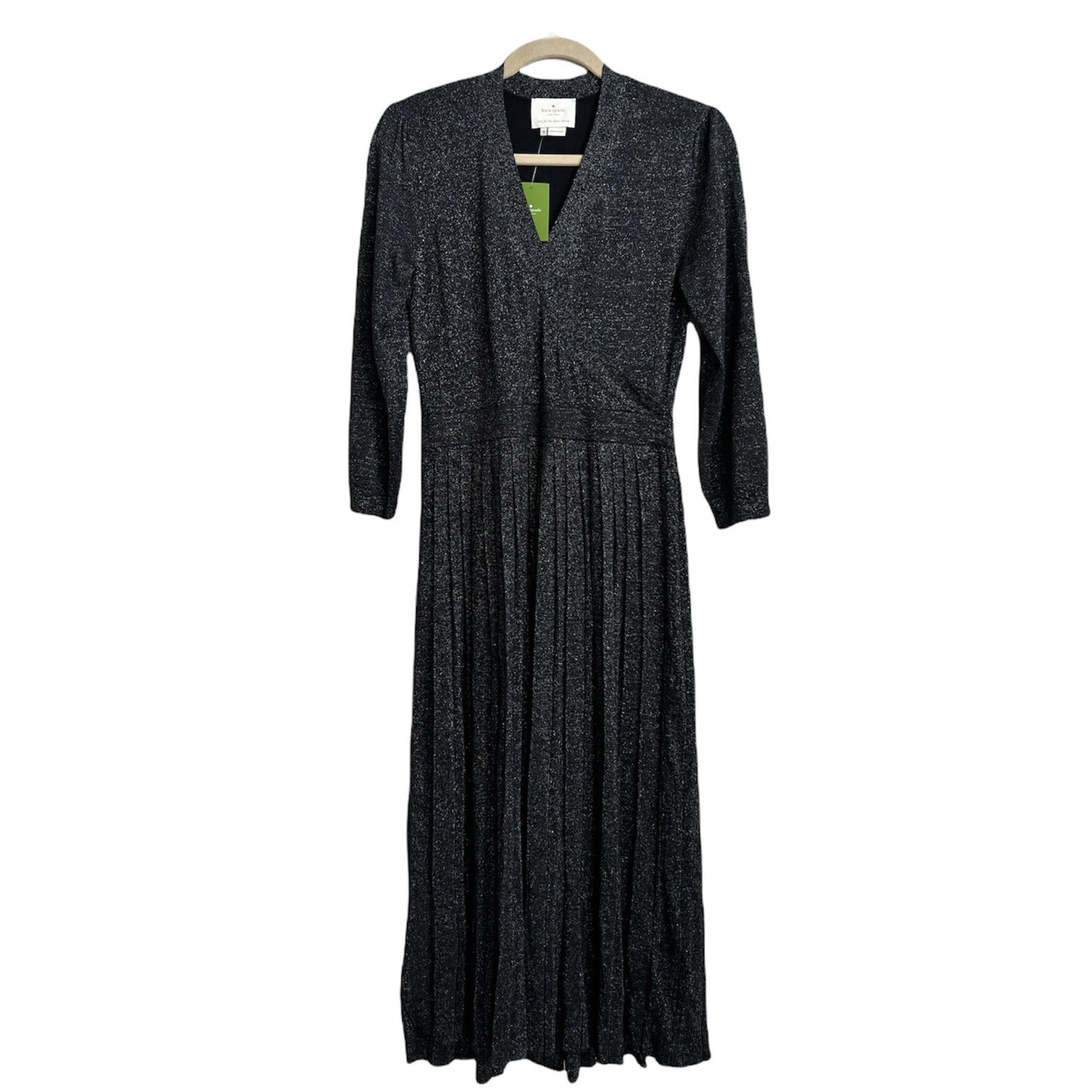 Abito Kate Spade taglia M neutro metallizzato festa festa nuovo nero lucido midi $328 NUOVO