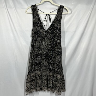 Ella Moss Anthropologie Dress Sz S 100% Silk Black Tan Sleeveless Tiered Ruffle
