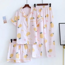 3PCS Women Pajamas Set 100% Gauze Cotton Printed Pyjamas Short Sleeve Sleepwear