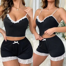 Women's Lingerie Sexy Cami Pajama Set Lace Trim Short PJ Set Sleepwear Nightwear