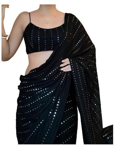 Women's Georgette Saree Fully Thread Sequence Work Saree With Blouse