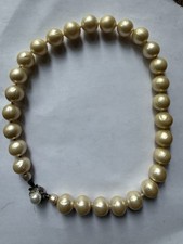 Vintage MCM Huge Golden Baroque Pearl Necklace 16  Knotted Floral Clasp 12mm